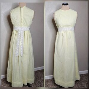 Vintage 60s 70s Handmade Yellow Swiss Dot Maxi Dress Empire Waist Lace Trim